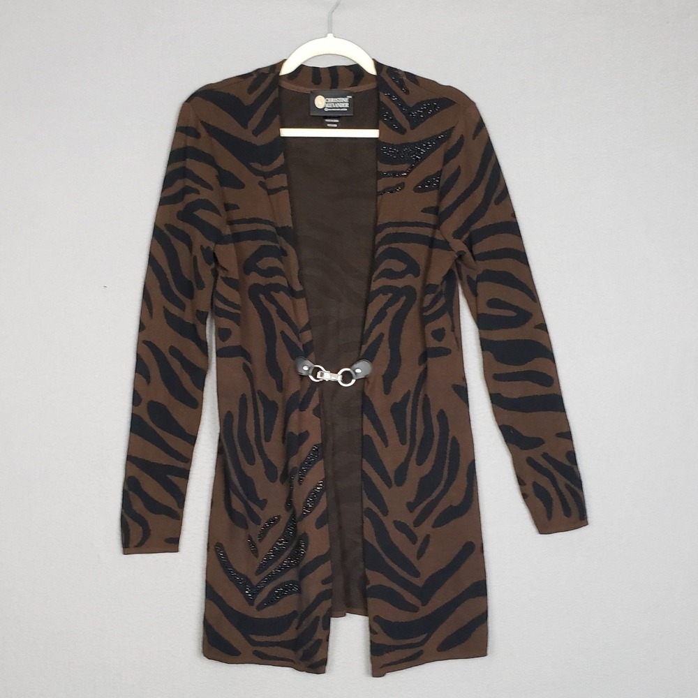 Vintage Christine Alexander M Longline Cardigan Animal Print Brown Black Zebra